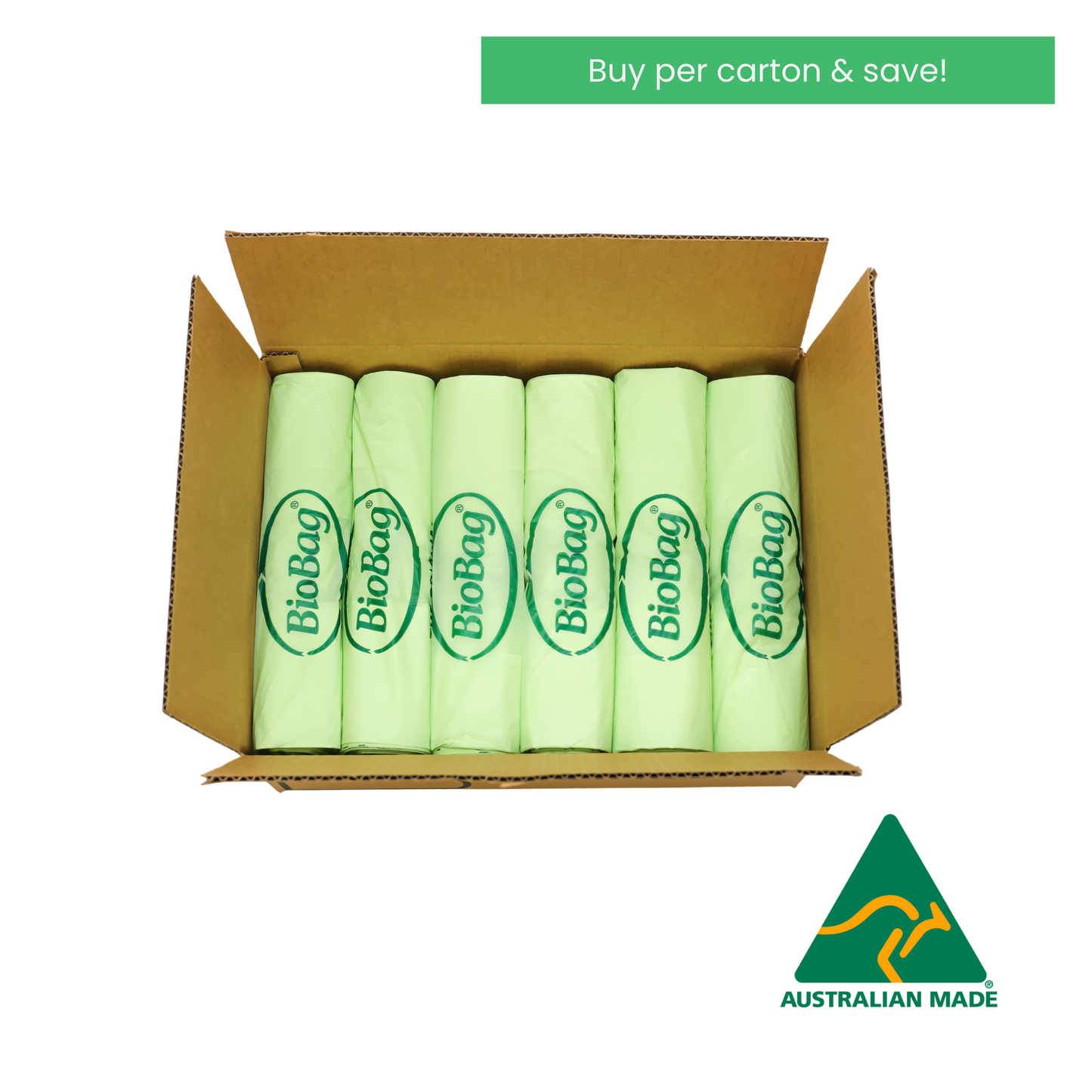 Box of compostable 120L bin bags with Australian Made logo on a white background with text saying buy per carton and save.
