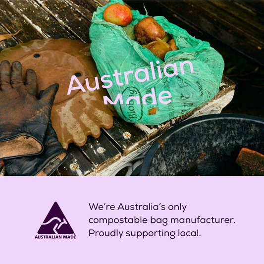 Photo showing a BioBag compostable bag being used for organic waste, and text stating that BioBag is the only compostable bag manufacturer in Australia