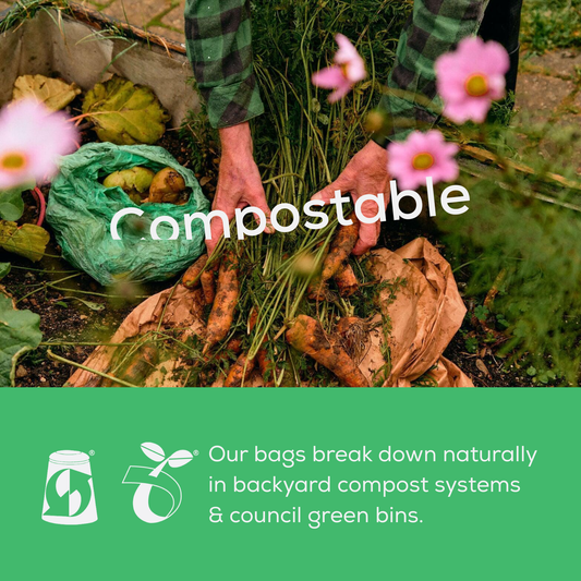 Person composting with visible compostable bags and text about BioBags being compostable at home of by council on a green background.