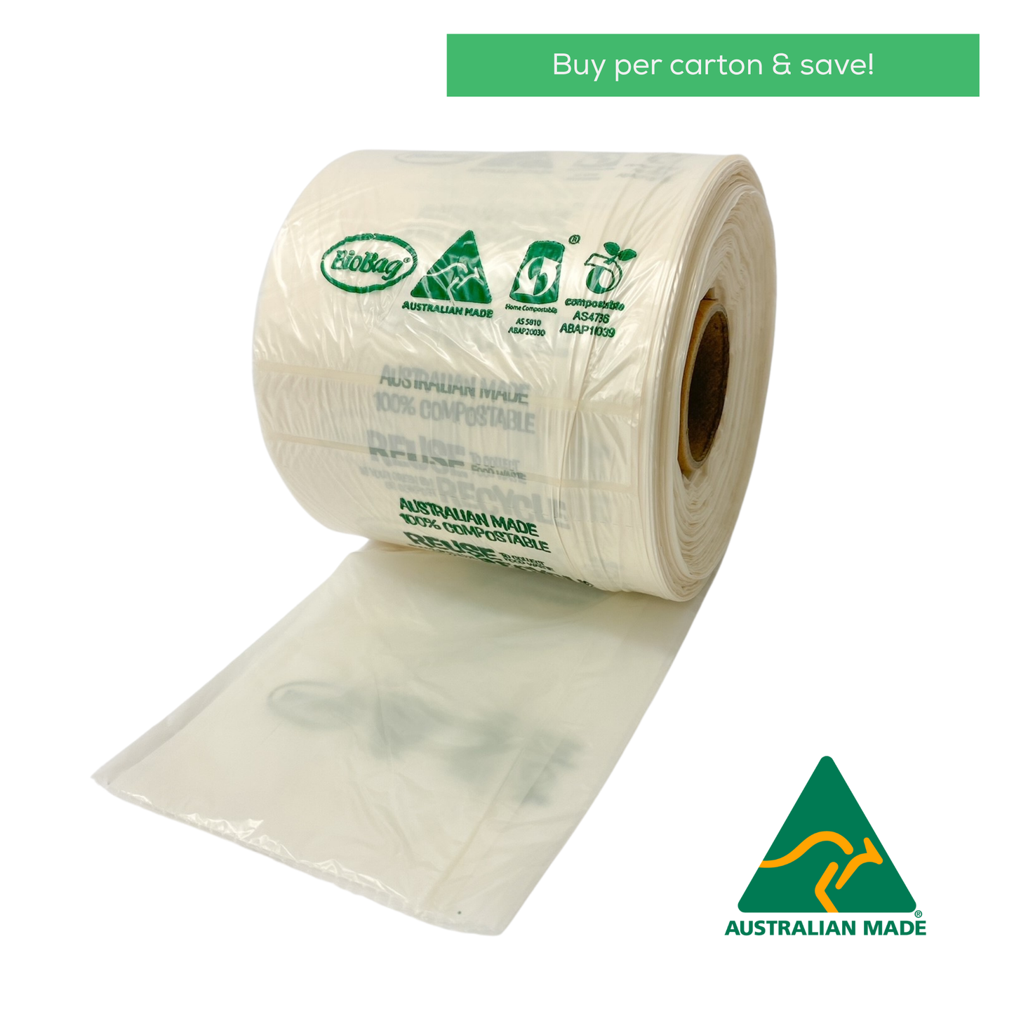 Roll of 250 compostable produce bags with green labels indicating compostability and Australian origin on a white background, with text saying buy per carton and save