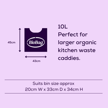 text on a purple background showing the size and dimensions of the BioBag 10L compostable bin liner. 