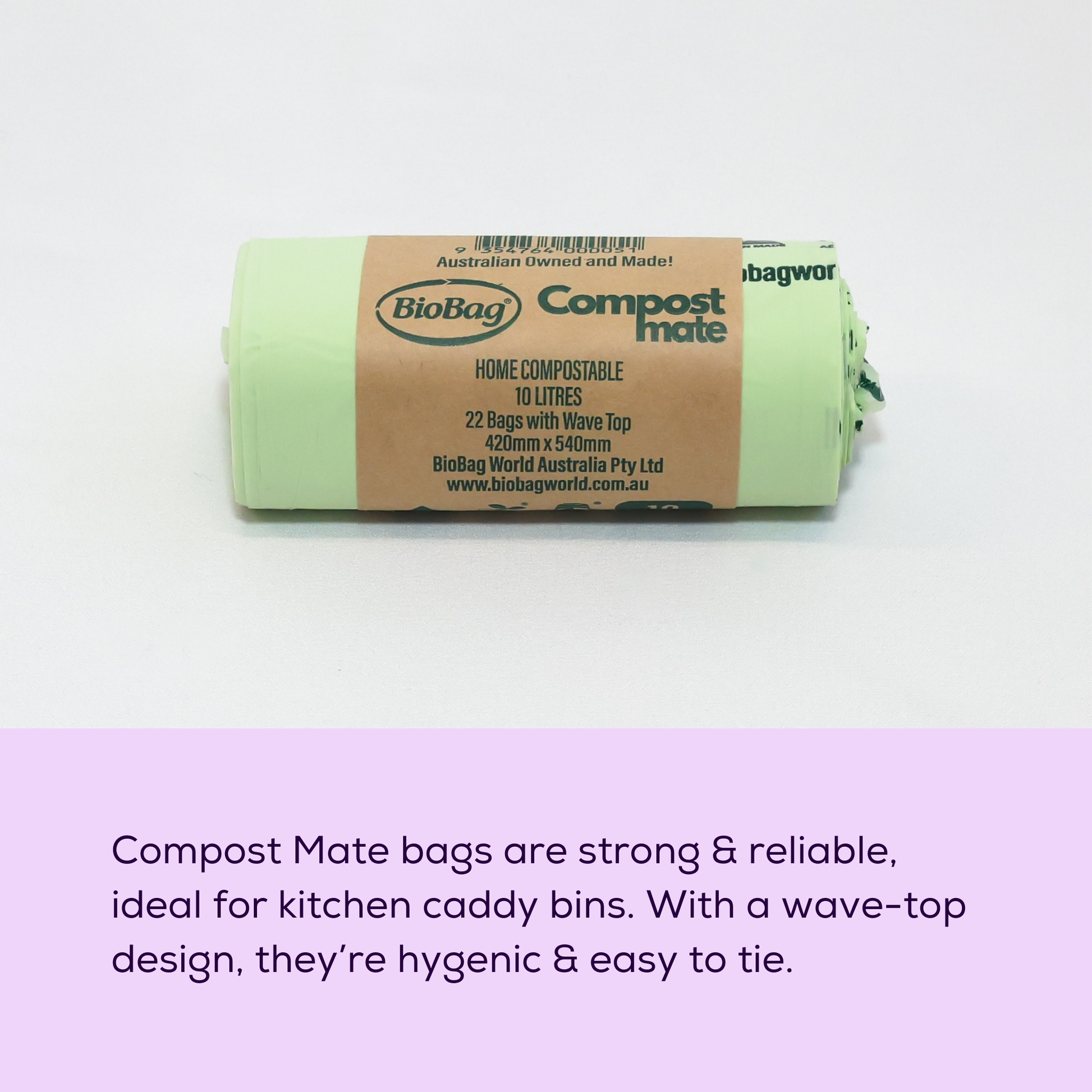 Photo showing a roll of the 10L compost made bin liners, with text about them being strong and reliable. 