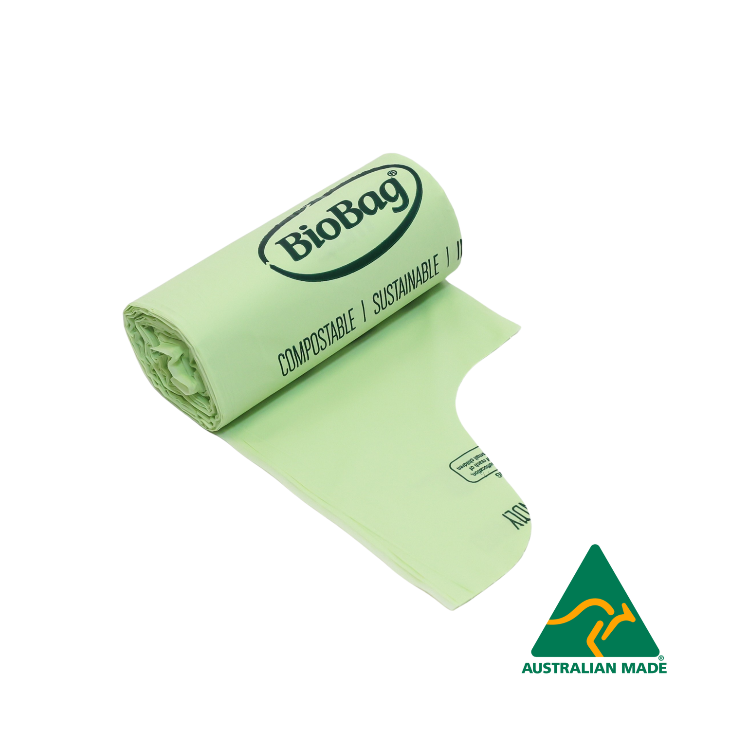 Partially unrolled roll of green biodegradable 10L bag with BioBag branding and Australian made logo on a white background