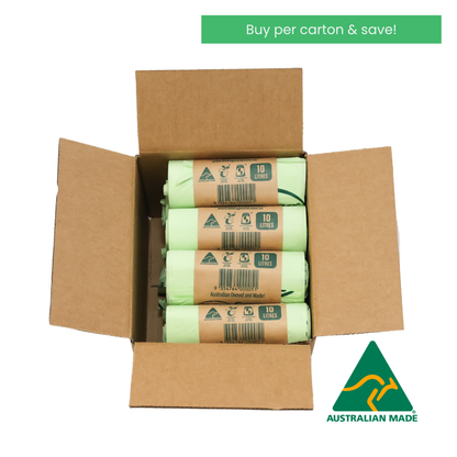Box of compostable 10L bin bags with Australian Made logo on a white background with text saying buy per carton and save. 