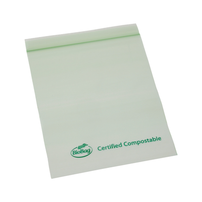 Compostable resealable food bag with 'BioBag' and certified compostable on a white background