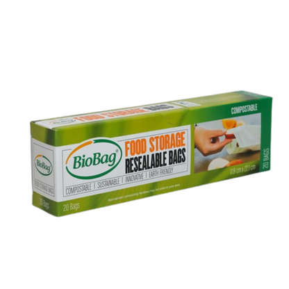 Angled image of a box of BioBag compostable food storage resealable bags on a white background