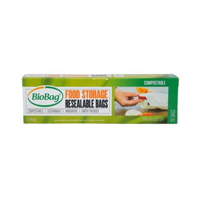 Box of BioBag compostable food storage resealable bags on a white background