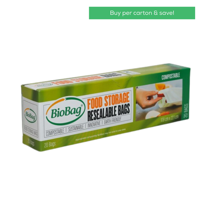 Box of Biobag compostable food storage resealable bags on a white background with text saying buy per carton and save