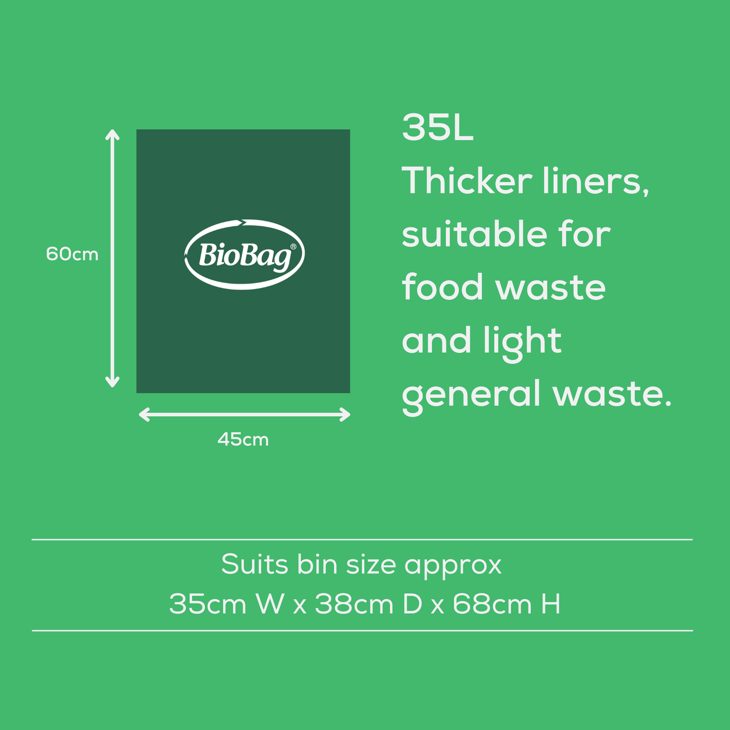 BioBag 10L liner size and dimensions and waste suitability on a green background