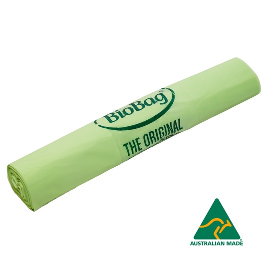 Roll of green Biobag compostable 35L liners and Australian Made logo on a white background