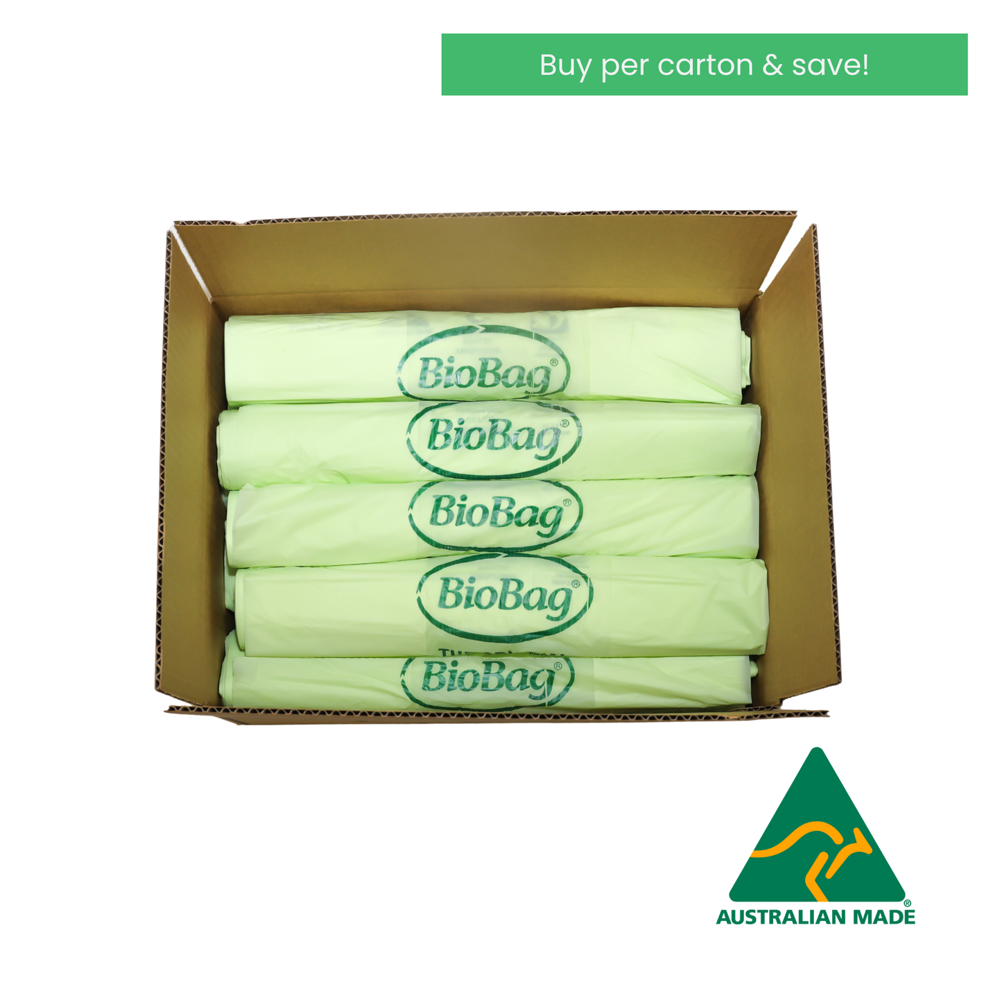 Box of compostable 35L bin bags with Australian Made logo on a white background with text saying buy per carton and save. 