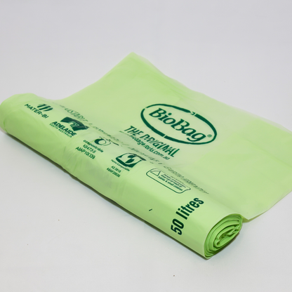 Roll of the BioBag compostable 50L bin liner, showing the logo and Adelaide made logo and compostable certifications
