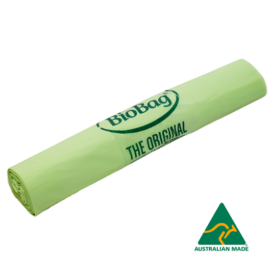 Roll of green Biobag compostable 50L liners and Australian Made logo on a white background