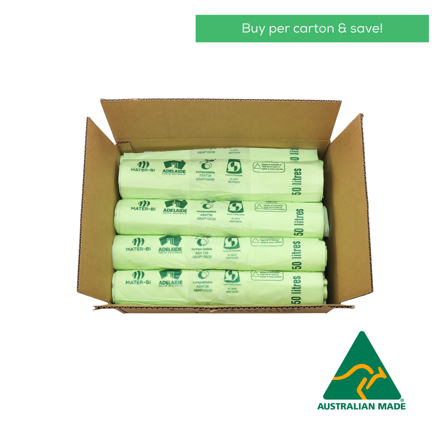 Box of compostable 50L bin bags with Australian Made logo on a white background with text saying buy per carton and save. 