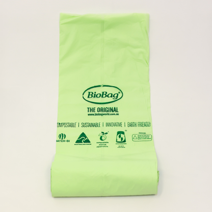 Green Biobag on a light gray background with the Australian made logo, and compostable certification logos