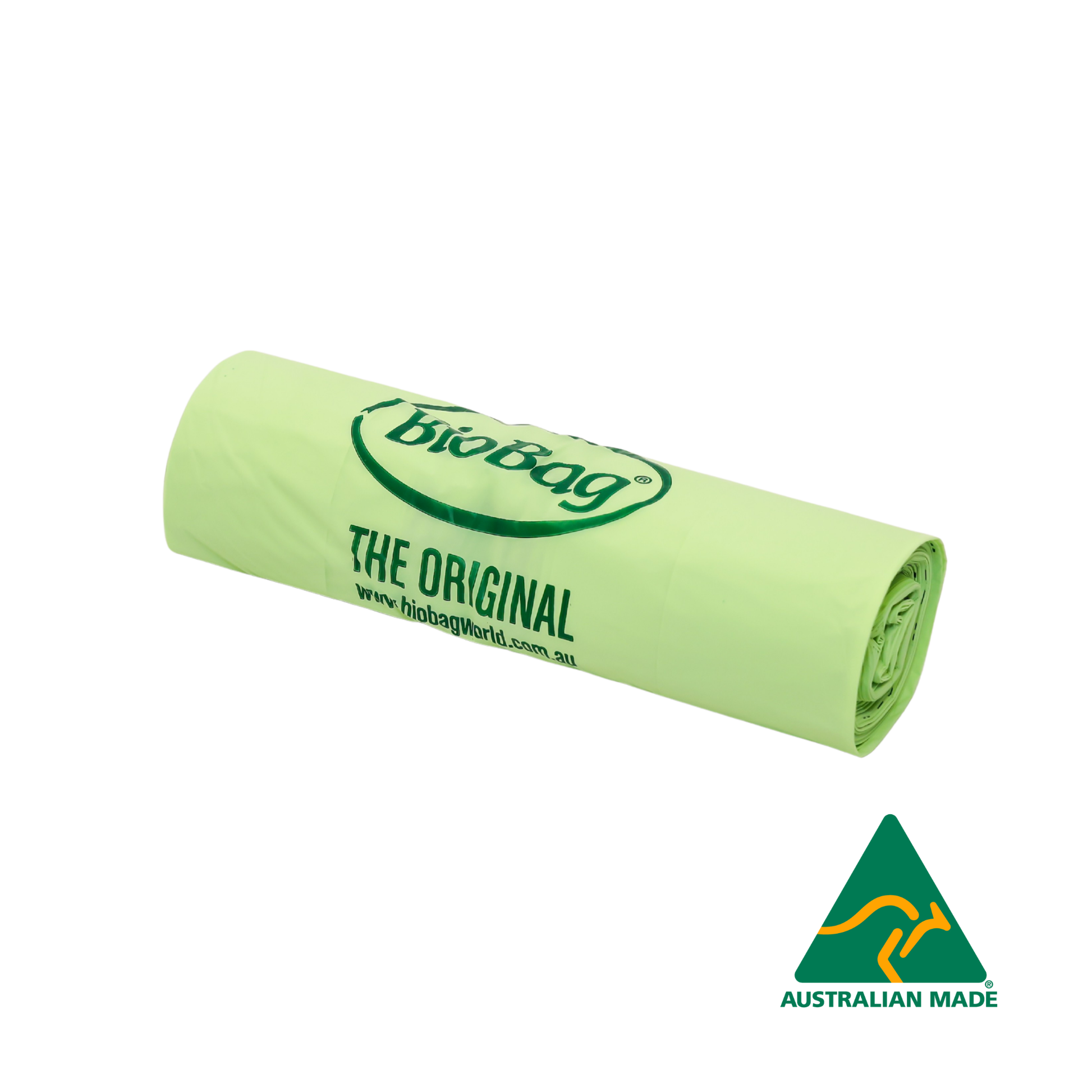 Roll of green Biobag compostable 120L liners and Australian Made logo on a white background
