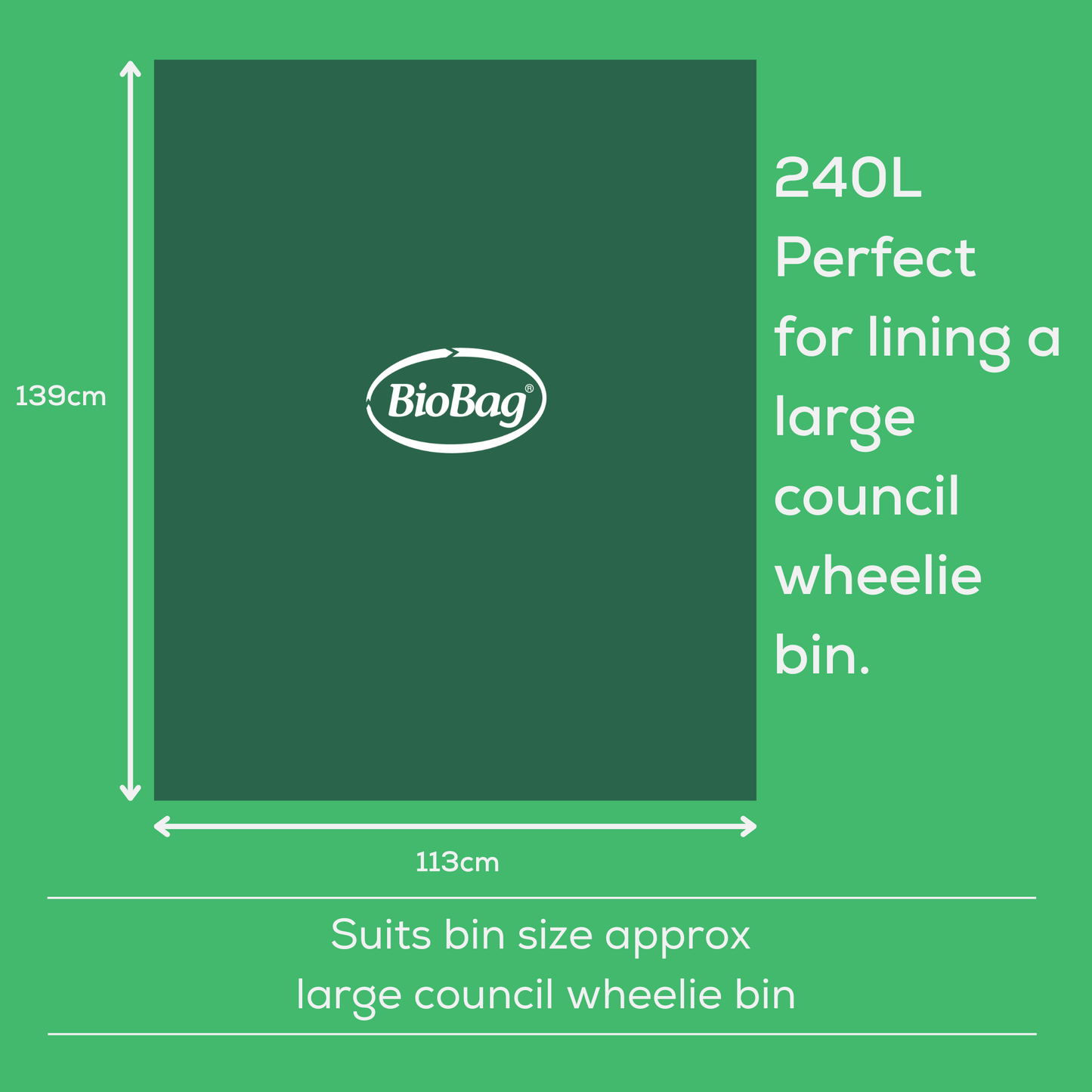 Green tile showing the size and dimensions of the 240L BioBag compostable liner, with text saying that it is the perfect size of lining a large council wheelie bin