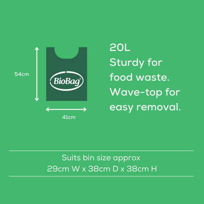 Green tile showing the size and dimensions of the 20L compostable bin liner, with text about them being sturdy for food waste. 