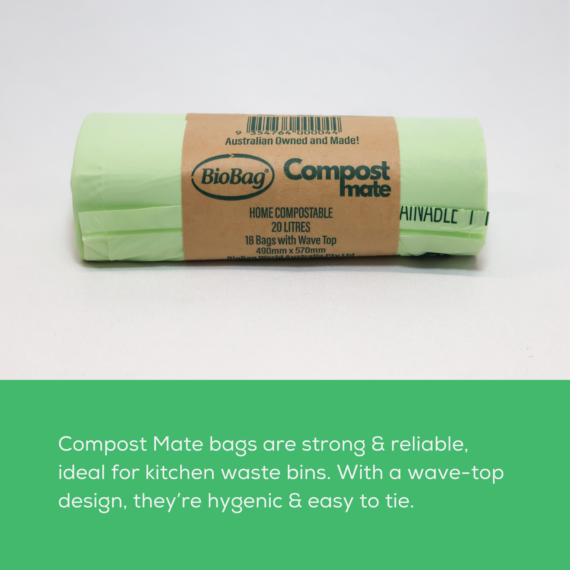 Photo of a roll of Australian made and owned BioBag 20L Compost Made bin liners, and text about them being strong and reliable. 