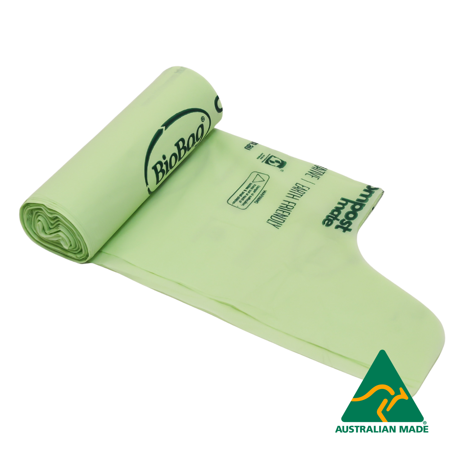 Partially unrolled roll of green biodegradable 20L bag with BioBag branding and Australian made logo on a white background