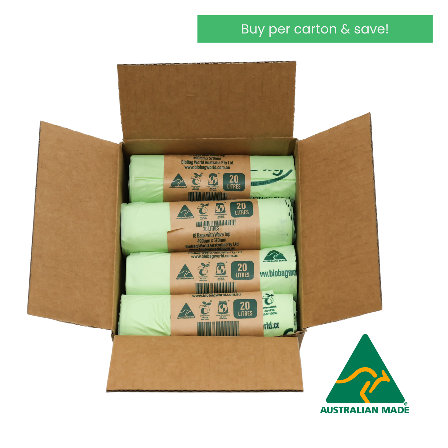 Box of compostable 20L bin bags with Australian Made logo on a white background with text saying buy per carton and save. 
