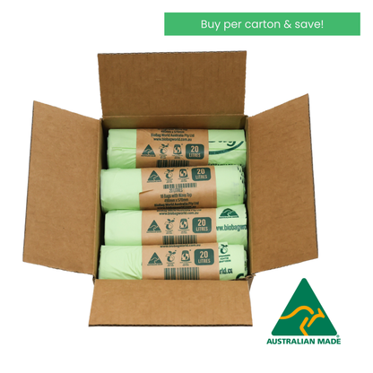 Box of compostable 20L bin bags with Australian Made logo on a white background with text saying buy per carton and save. 