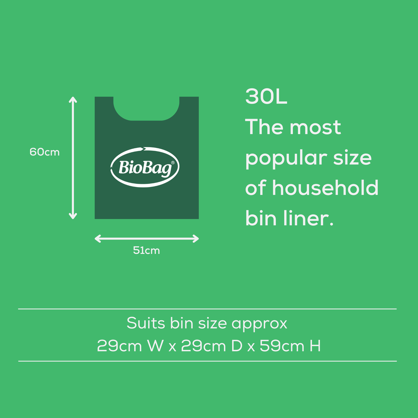 BioBag 30L household bin liner with dimensions and suitability information on a green background, and text saying that this is the most popular size of household bin liner. 