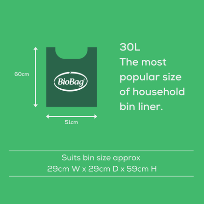 BioBag 30L household bin liner with dimensions and suitability information on a green background, and text saying that this is the most popular size of household bin liner. 