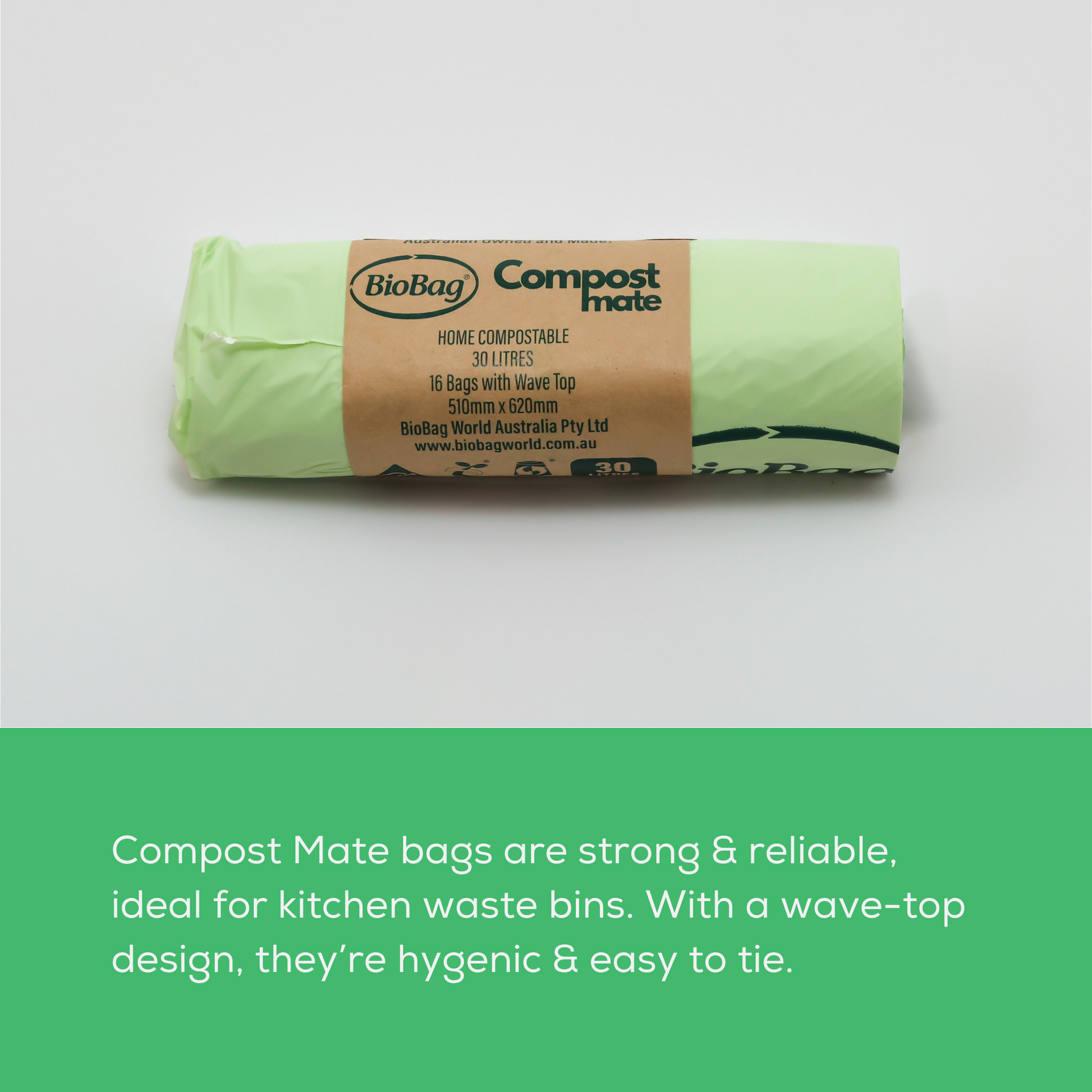Roll of Biobag Compost Mate 30L compostable bags on a light gray background with text saying they are strong and reliable. 