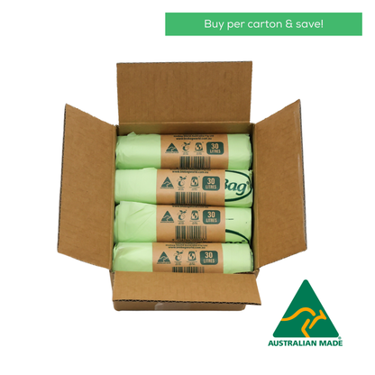 Box of compostable 30L bin bags with Australian Made logo on a white background with text saying buy per carton and save. 