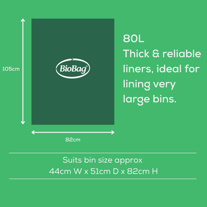 Green tile showing the size and dimensions of the BioBag 80L compostable bin liner, and text saying they re thick and reliable, and ideal for lining very large bins. 