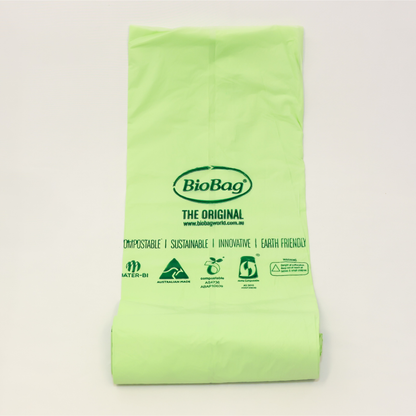 Image of a roll of BioBag 80L compostable bin liners showing the Australian made logo, and the compostable certification logos. 