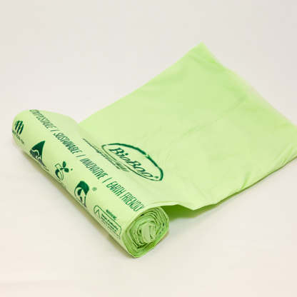 Image of a roll of the 80L BioBag compostable bin liners, showing the words compostable, sustainable, innovative, and earth friendly. 
