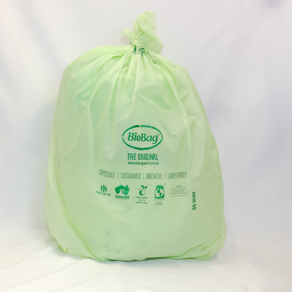 Photo of the BioBag 80L compostable bin liner in use. 