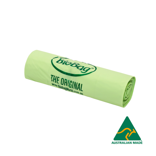 Roll of green Biobag compostable 80L liners and Australian Made logo on a white background