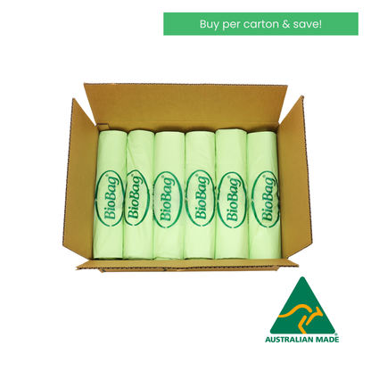 Box of compostable 80L bin bags with Australian Made logo on a white background with text saying buy per carton and save. 