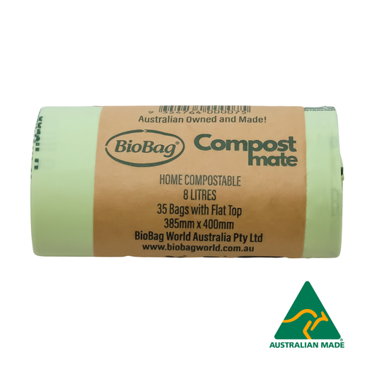 Roll of BioBag Compost mate 8L home compostable bags with Australian Made logo.