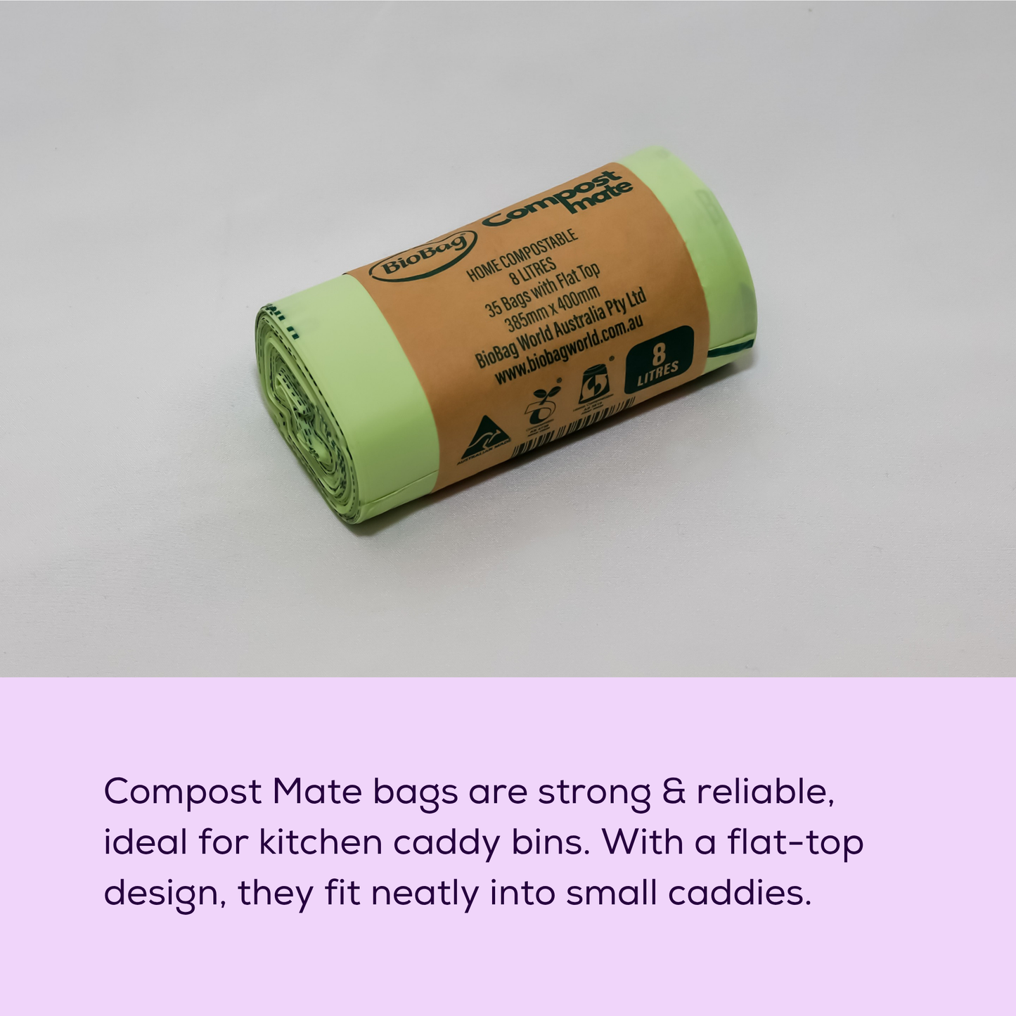 Photo of a roll of BioBag Compost Mate 8L kitchen caddy bin liners, with text about that being strong and reliable. 