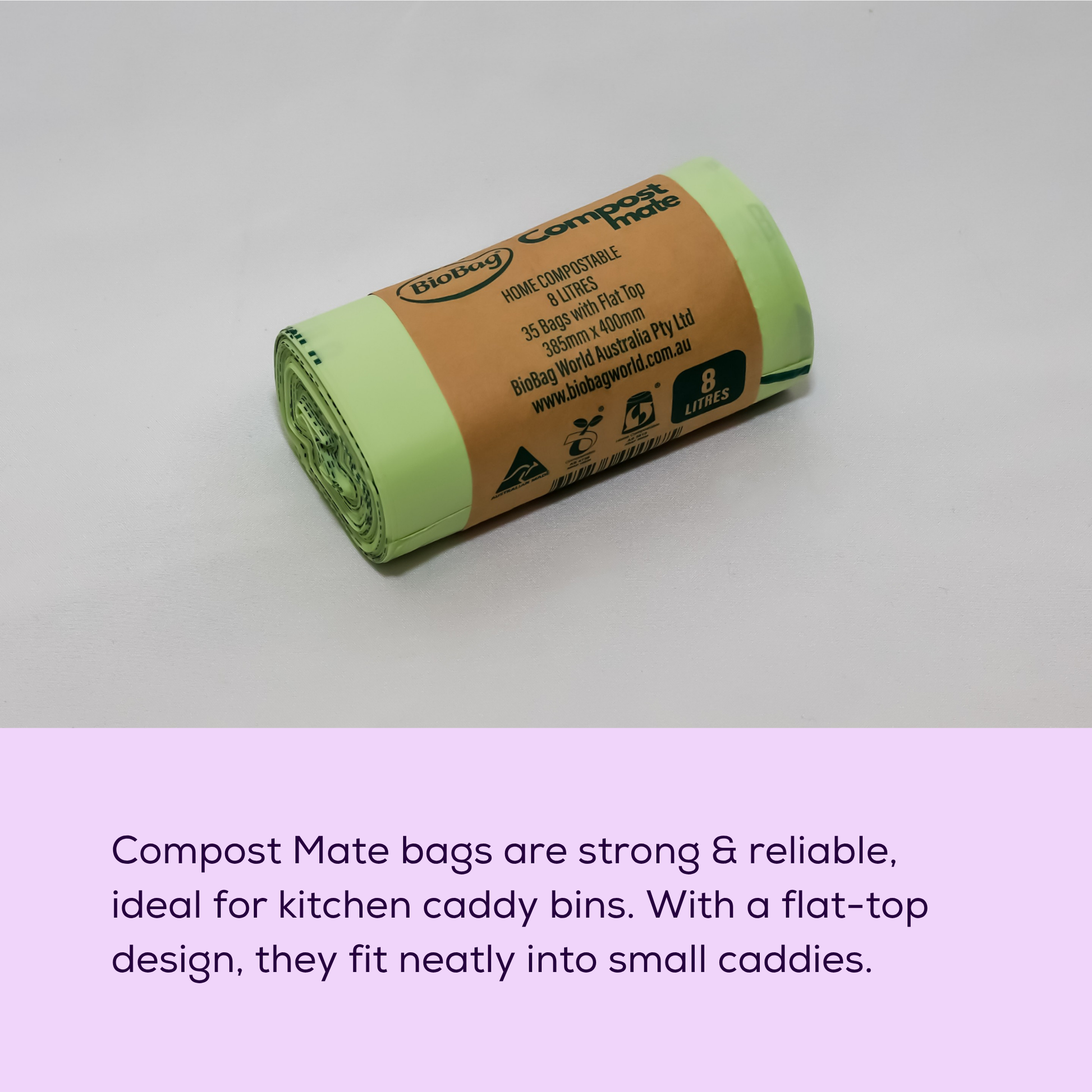 Photo of a roll of BioBag Compost Mate 8L kitchen caddy bin liners, with text about that being strong and reliable. 