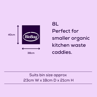 BioBag 8L bin liner product information on a purple background with dimensions and suitability for kitchen waste caddies.