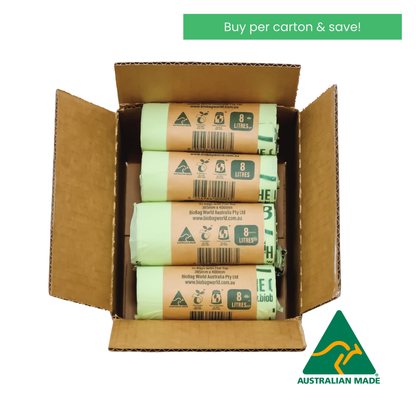 Box of compostable 8L bin bags with Australian Made logo on a white background with text saying buy per carton and save. 