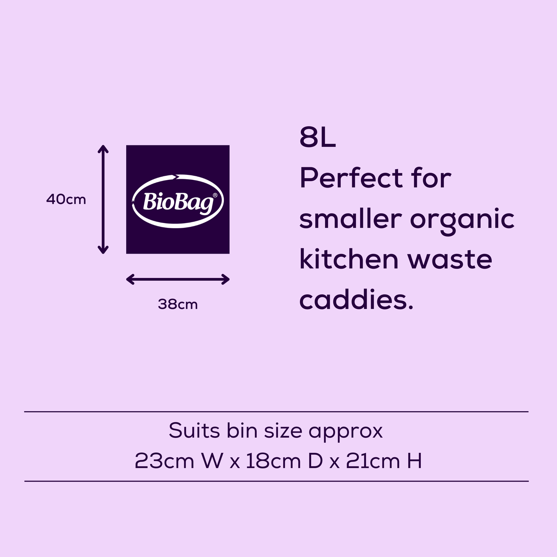 BioBag logo on a purple background with dimensions and waste bin compatibility information.