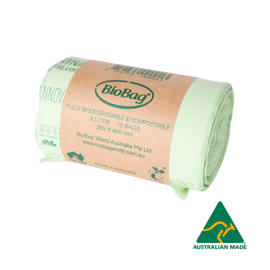 Roll of Biobag 8L compostable bags with Australian Made logo on a white background