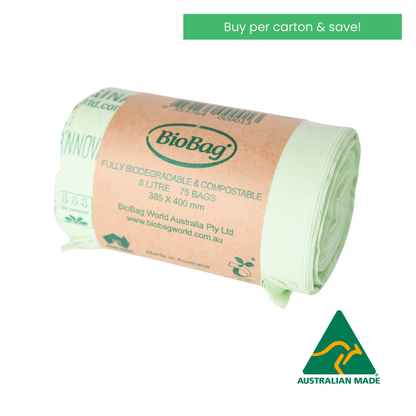 Roll of Biobag 8L compostable bags with branding and product details on a white background and text saying buy per carton and save