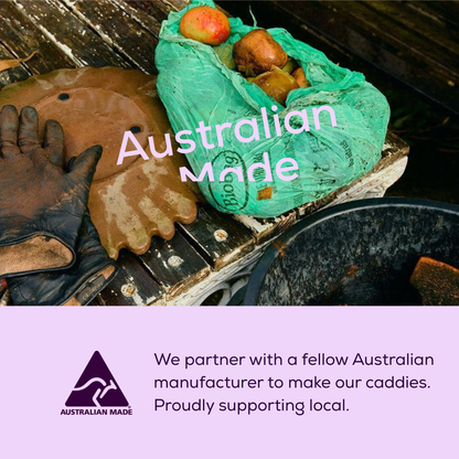 Green compostable bag with apples, gloves, and 'Australian Made' text on a purple background with Australian Made logo.