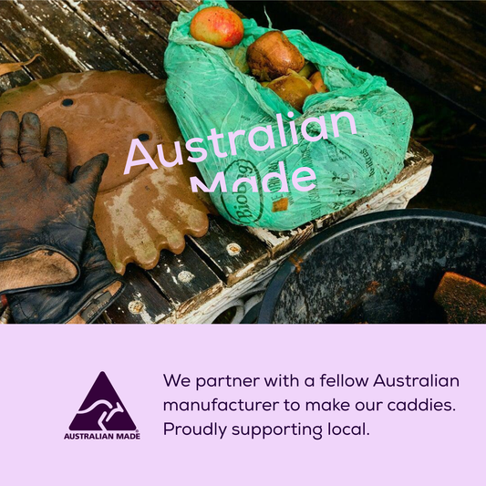 Green compostable bag with apples, gloves, and 'Australian Made' text on a purple background with Australian Made logo.