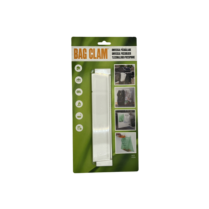 Image of the front of the BioBag Bag Clam, showing the product - a white clip used to hold compostable bin liners