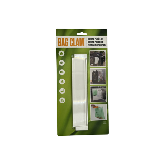 Image of the front of the BioBag Bag Clam, showing the product - a white clip used to hold compostable bin liners