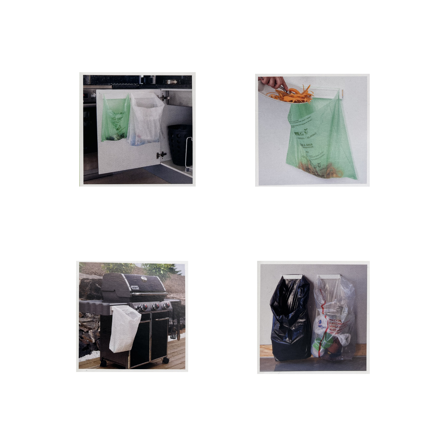 Set of four images showing different uses of the Biobag Bag Clam including for scraps, at a BBQ or camping