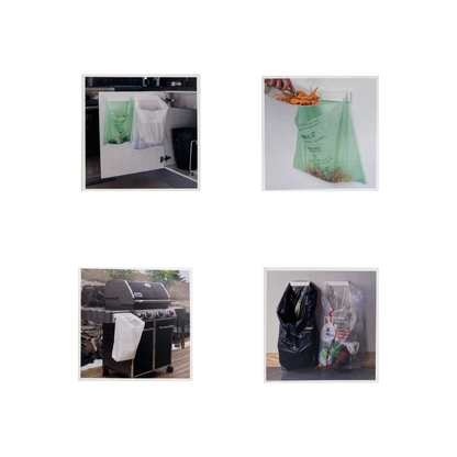 Set of four images showing different uses of the Biobag Bag Clam including for scraps, at a BBQ or camping